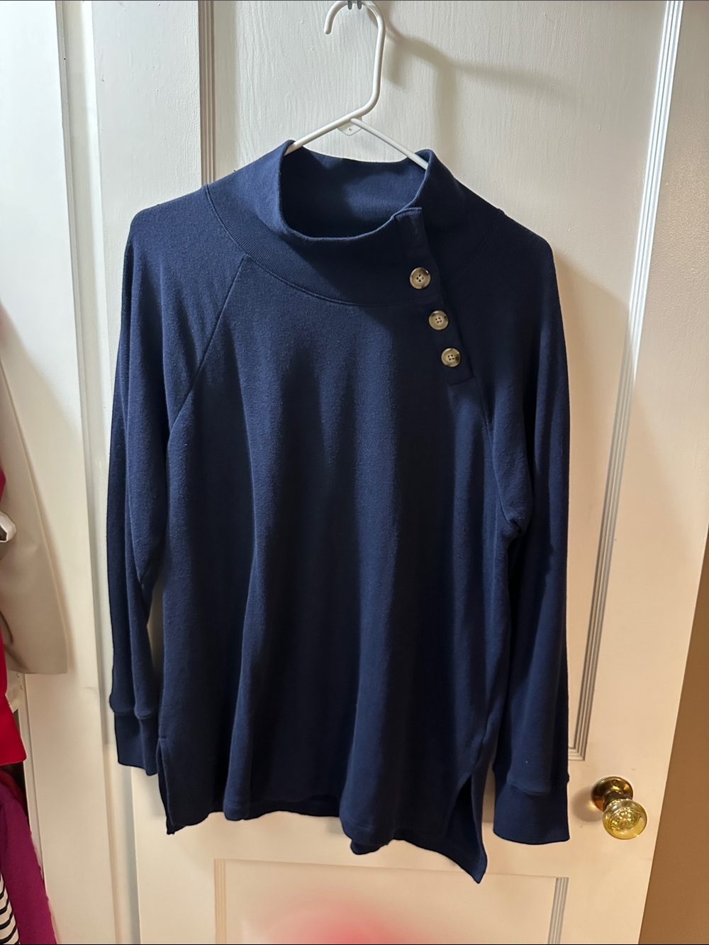 J. Crew Factory Navy Button-Shoulder Mock Neck Pullover